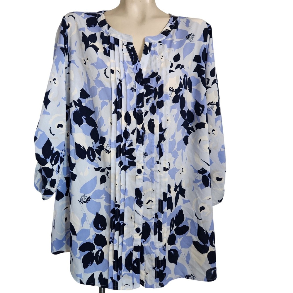 Catherines Blue Floral Button Front Tunic Top Roll Tab Sleeve 1X 18/20W